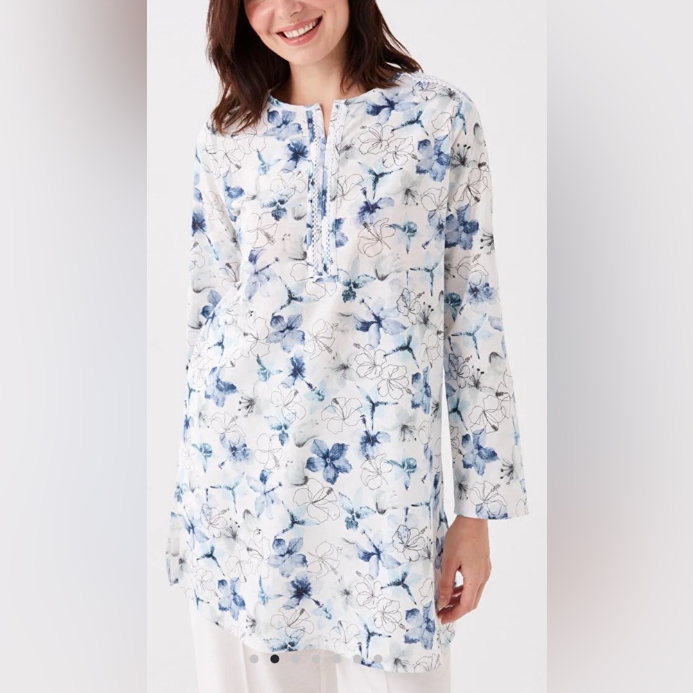 LC Waikiki Grace Floral 100% Cotton‎ Tunic Top Blue White Crochet Boho Lagenlook